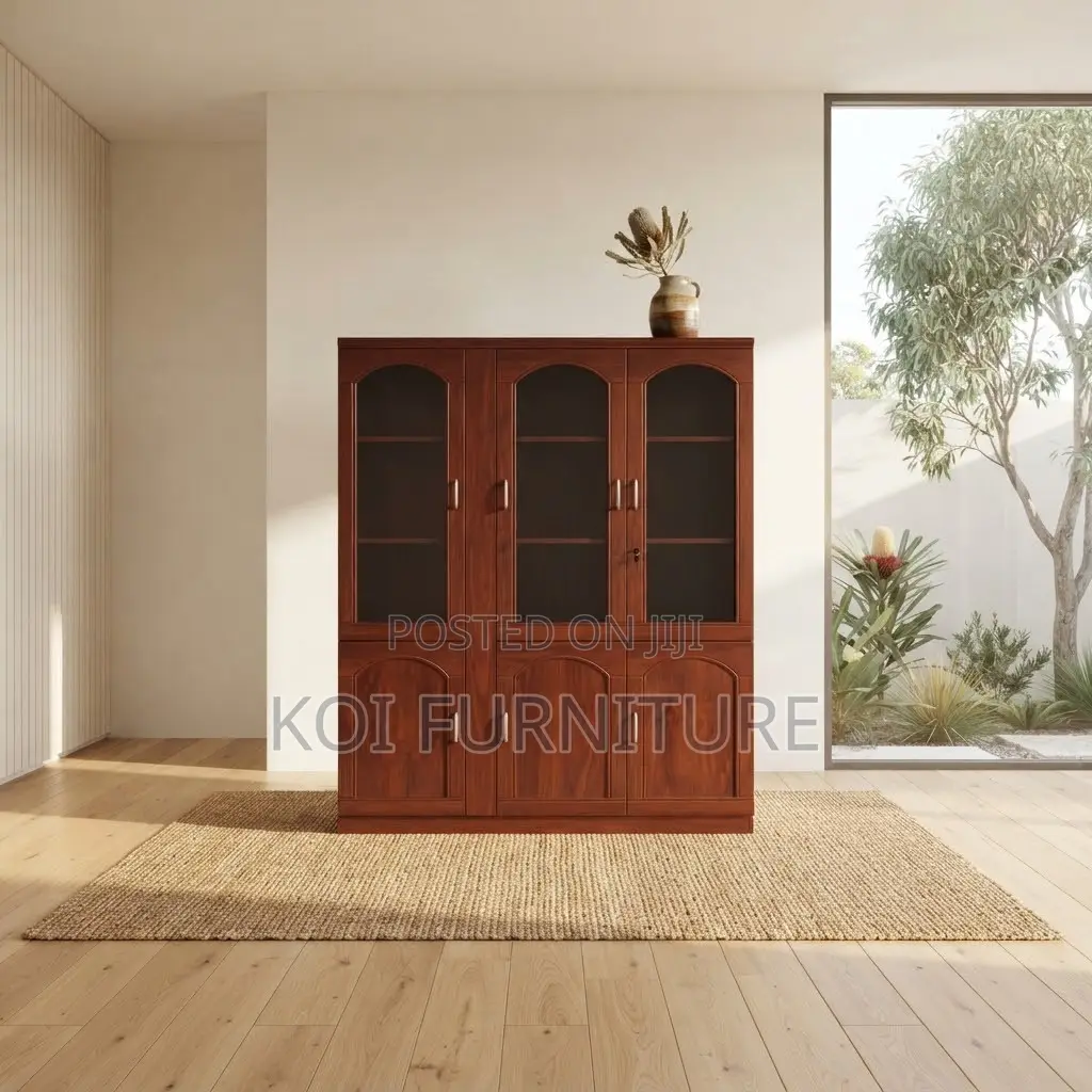 Office Cabinet; Mahogany Brown-Red Polished 3 Doors Filing Cabinet