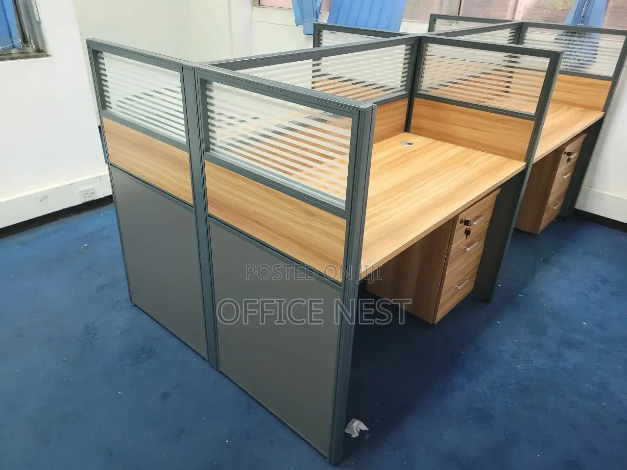 Modern 4-Way Office Workstation Desk With Glass Partitions Drawers