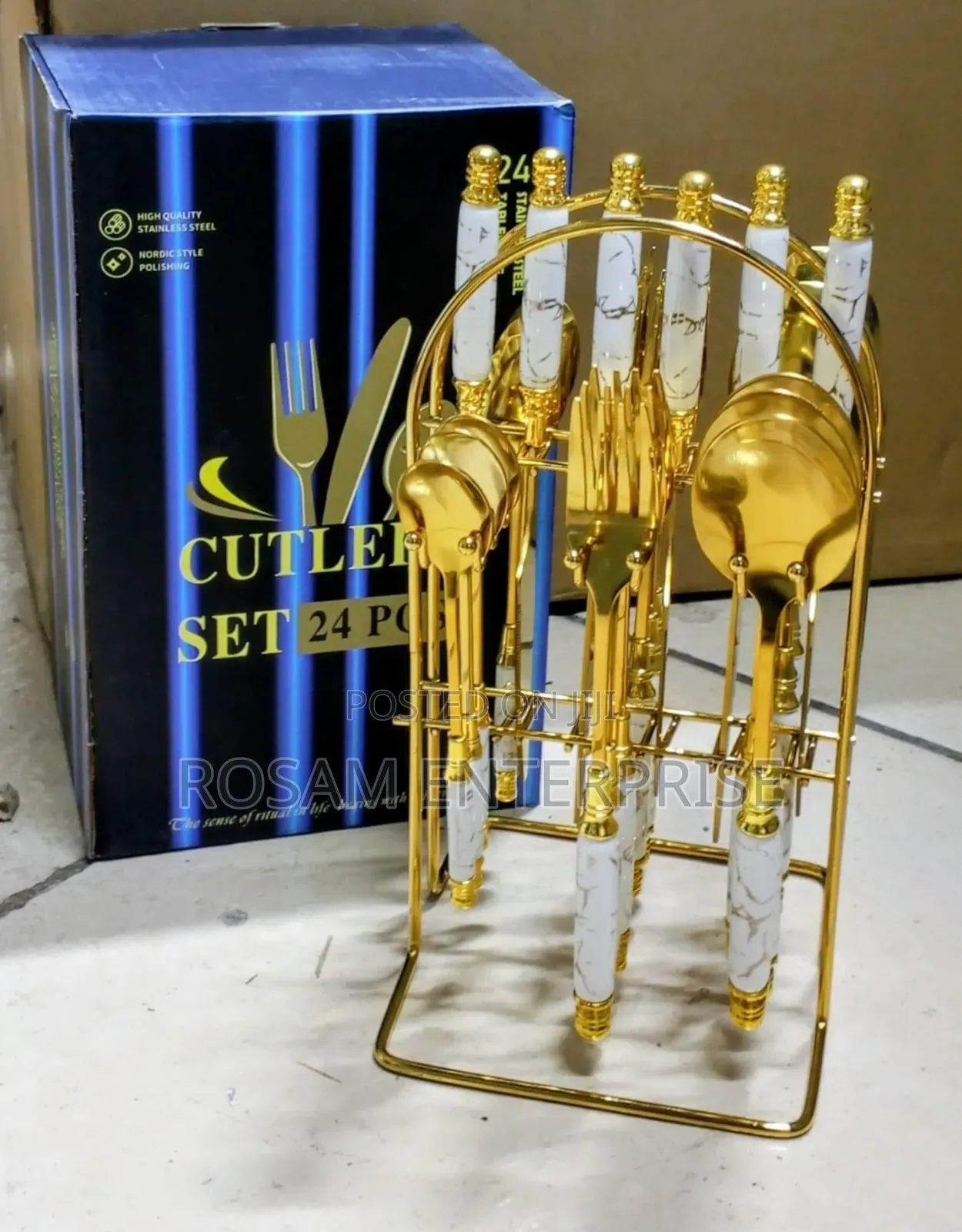 24pc Gold Marble Cutlery Set