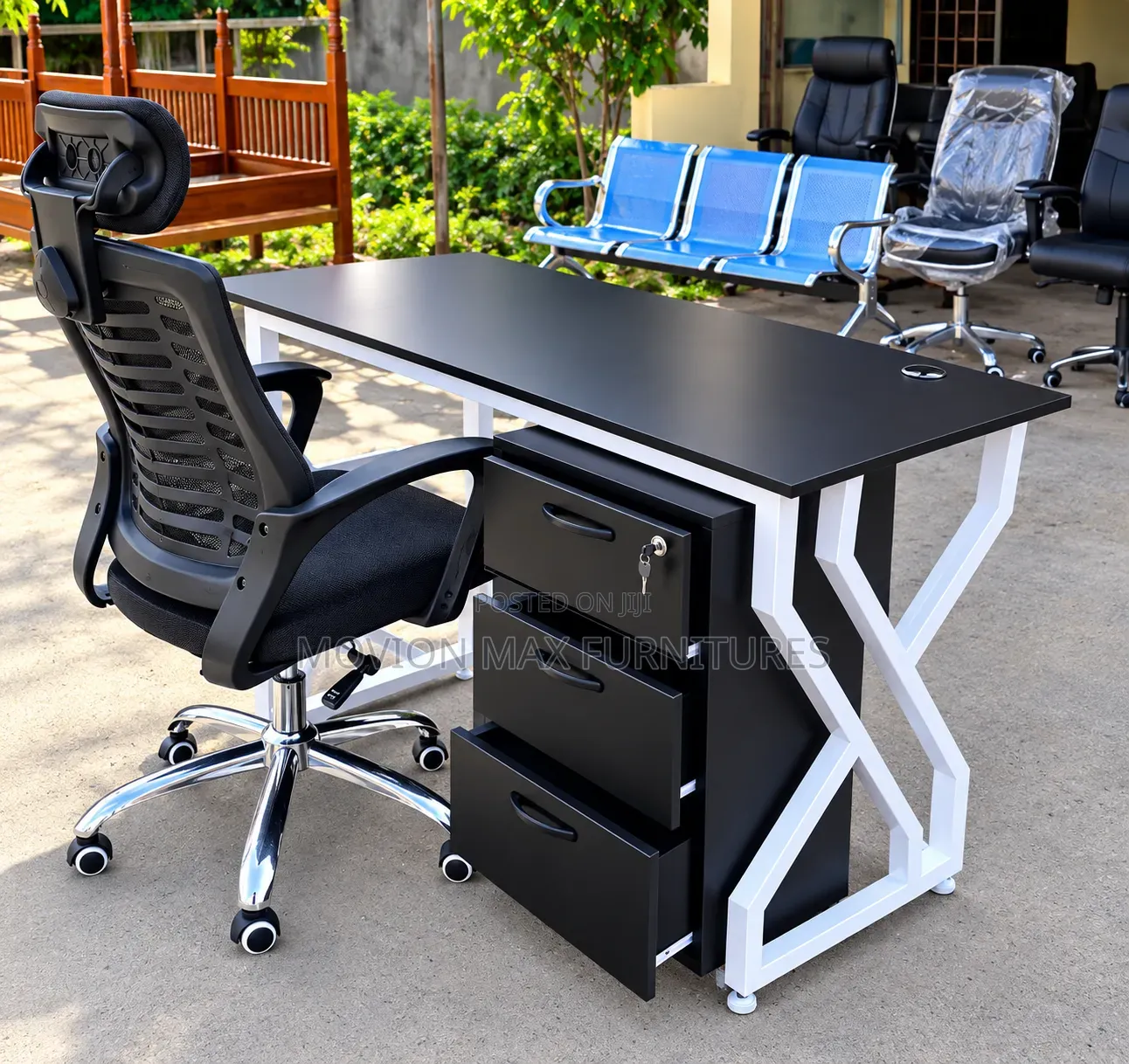 Metallic Office Table. Blackwood Pedestal/Chair