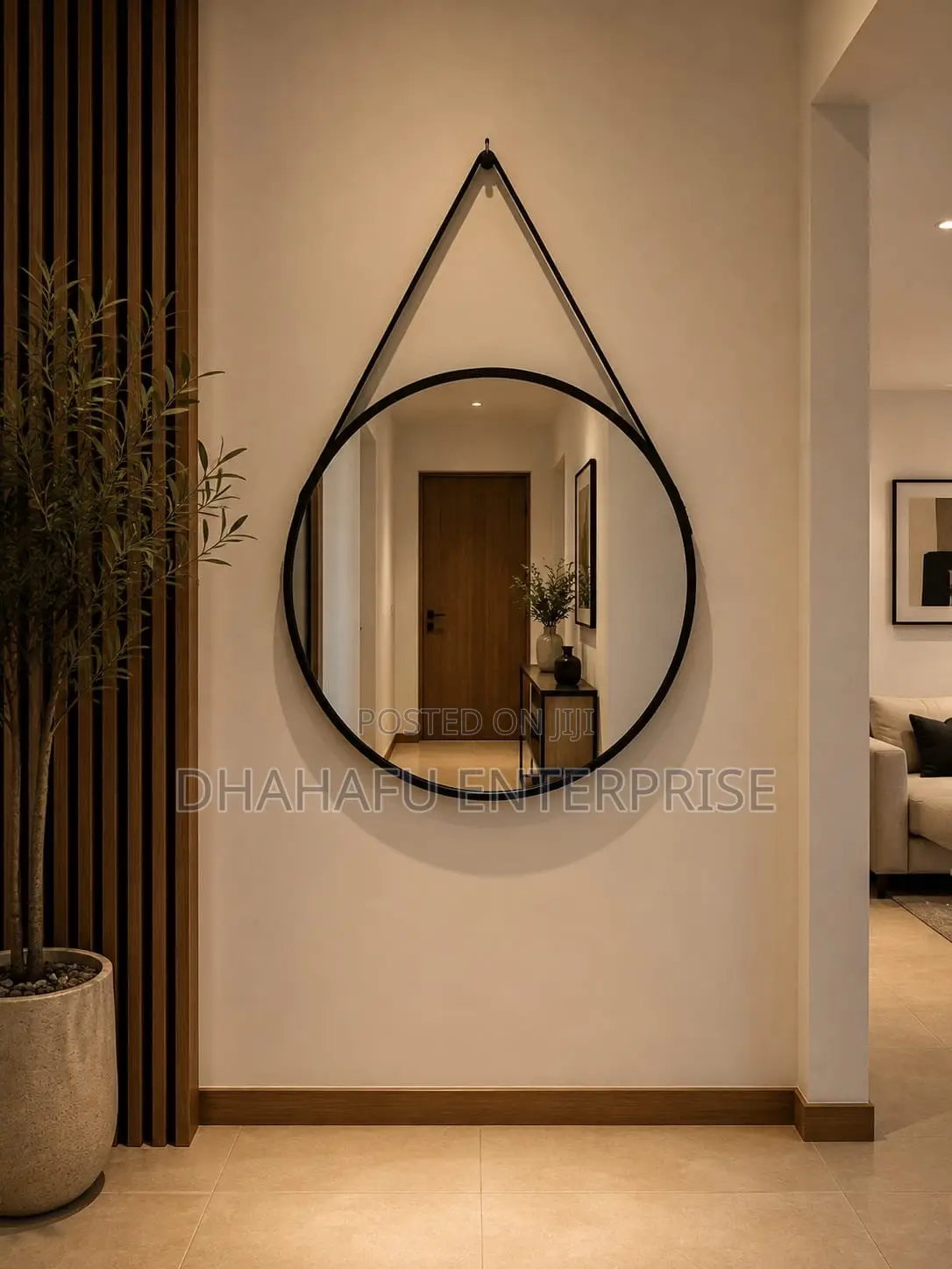 Minimalist Nordic Round Wall Mirror With Leather Strap – 60cm (Black)”