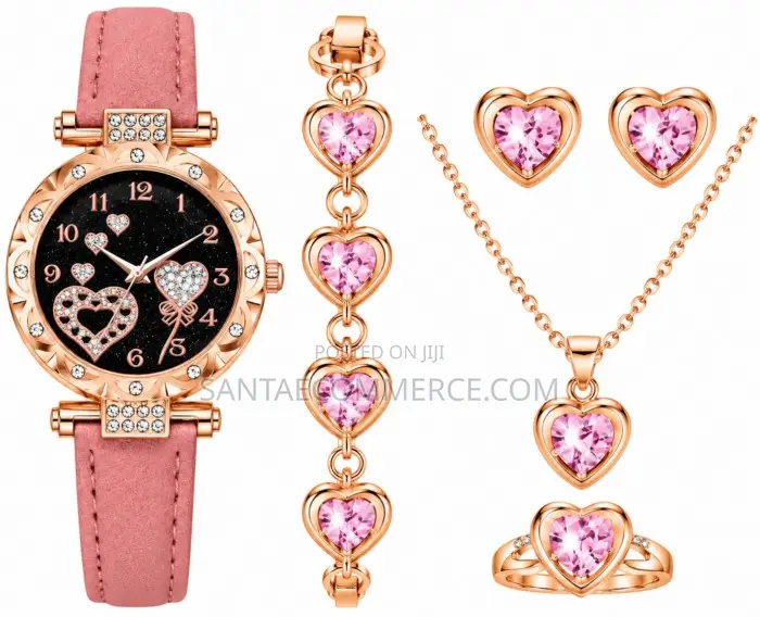 4 Piece Women Black Heart Rose Gold Watch Bracelet Necklace Earrings
