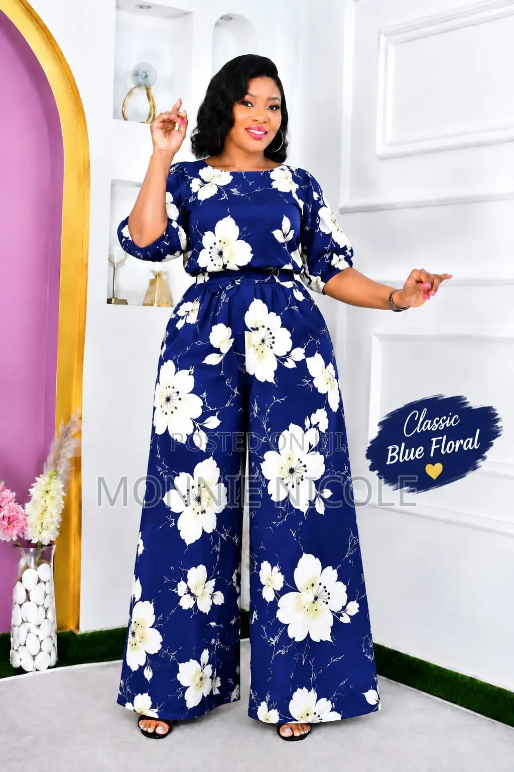 Classic Blue Floral Ladies Pallazo Set. Pants and Top