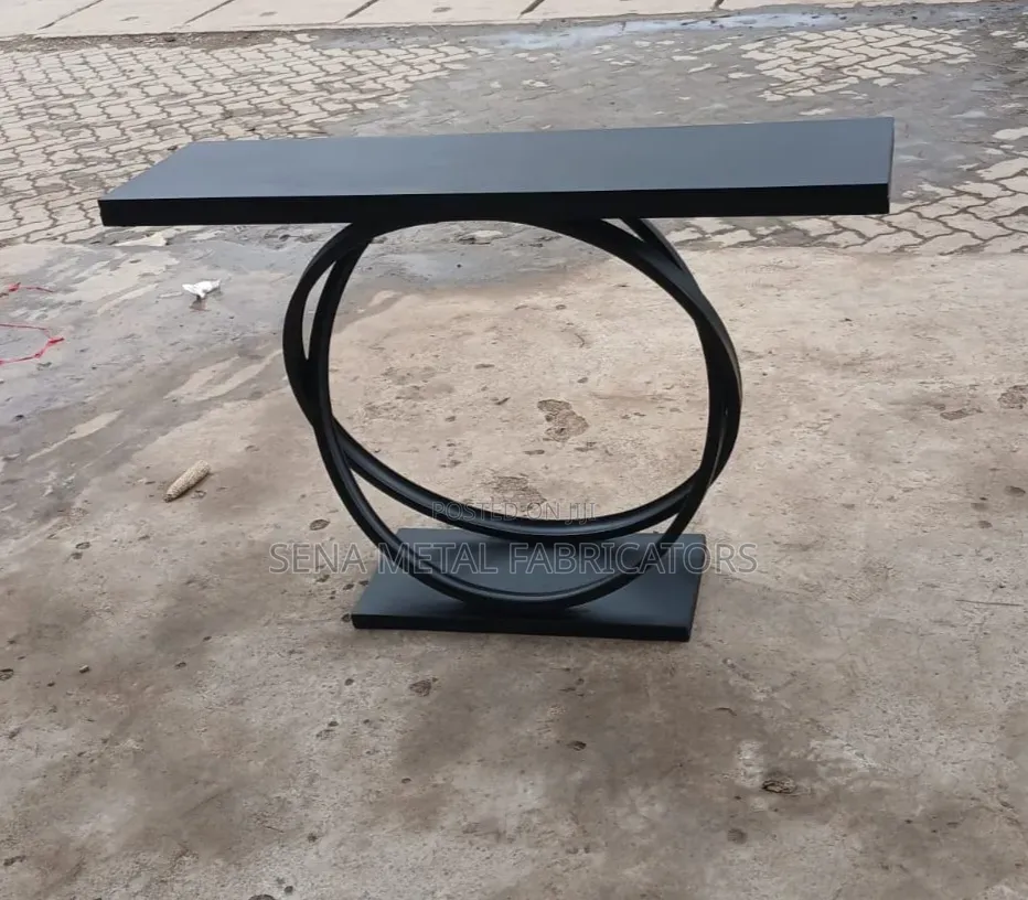 Black Wooden Console With Metal Frame.