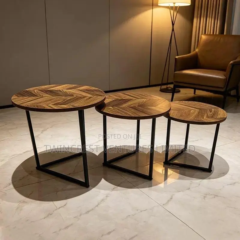 3in1 Modern Round Walnut Nesting Table With Black Stands