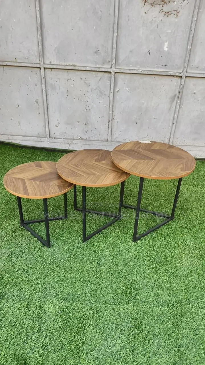 3in1 Modern Round Walnut Nesting Table With Black Stands