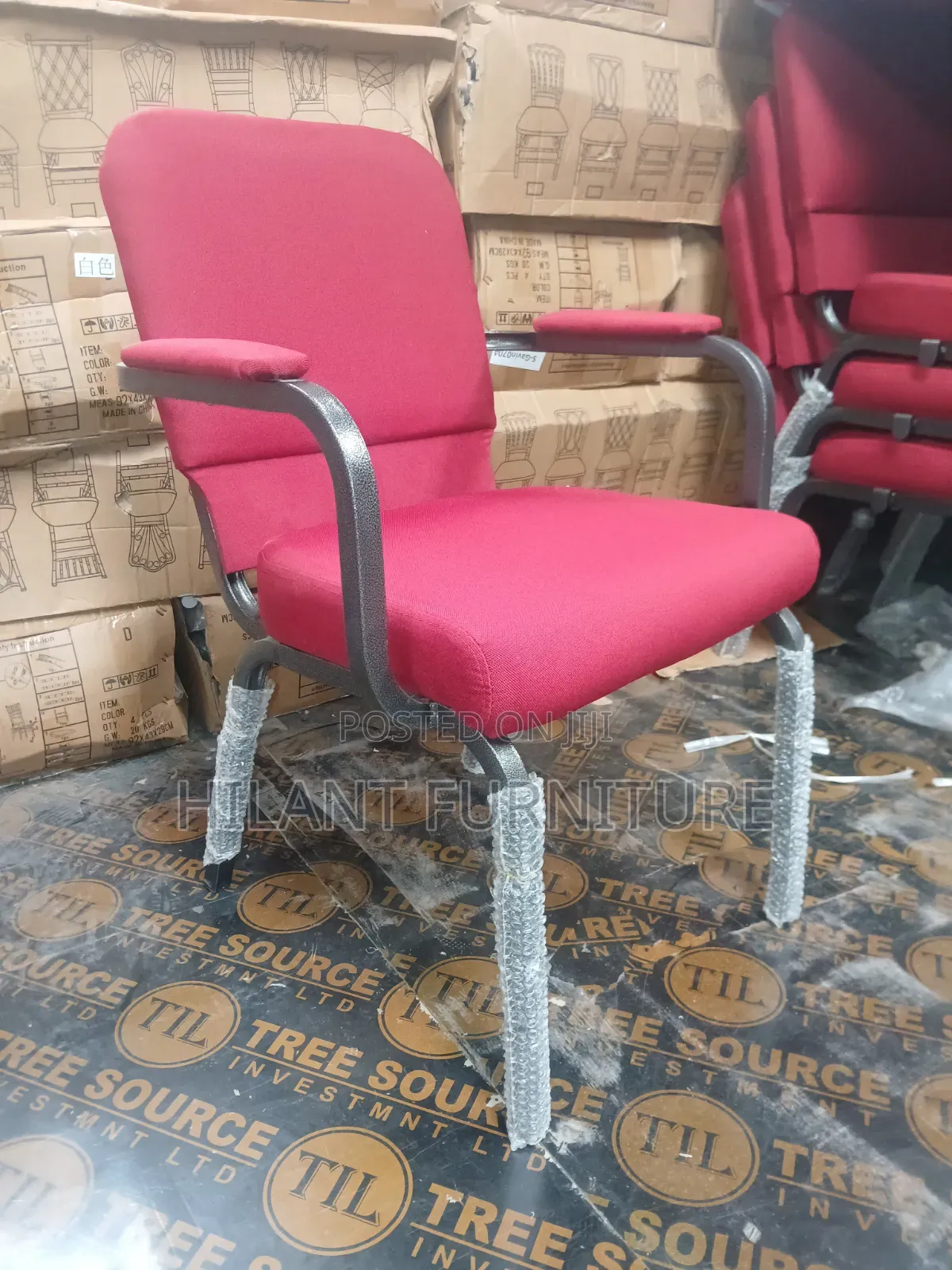 Red Fabric Padded Conference Chair With Armrests