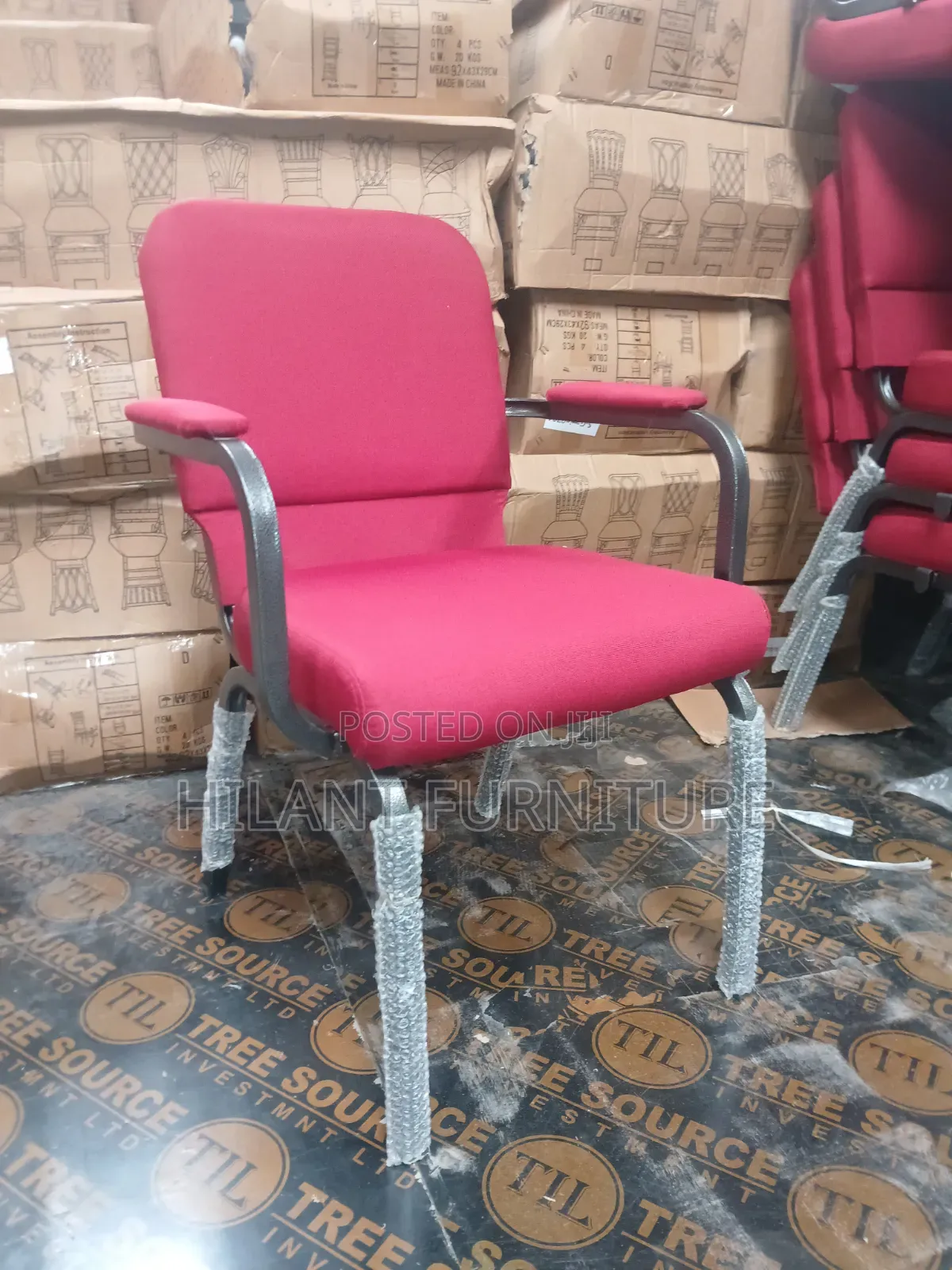Red Fabric Padded Conference Chair With Armrests