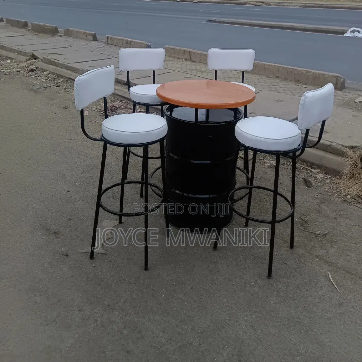 Bar Set of White Chairs and a Custom Drum Table