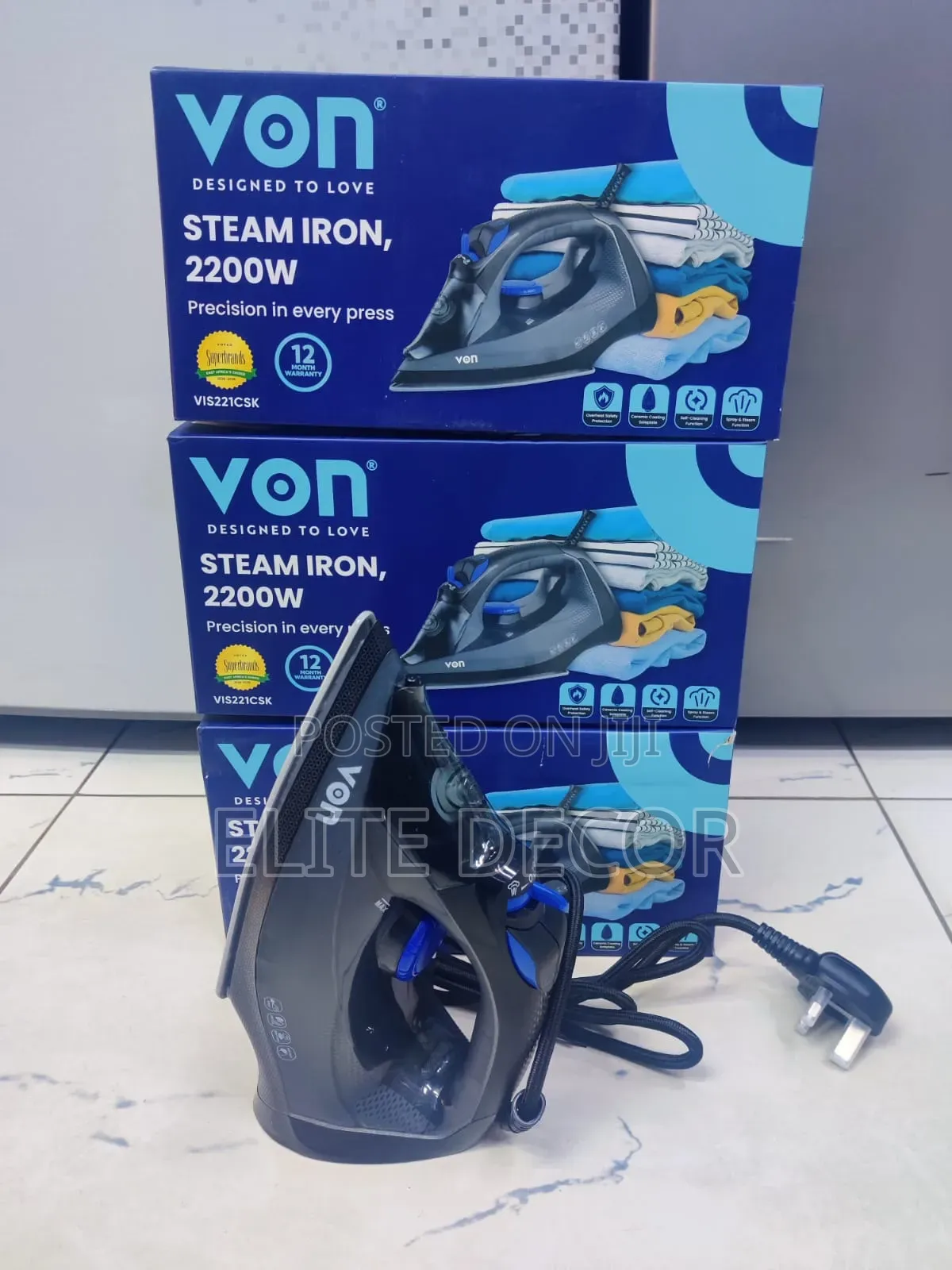 Von Steam Iron Black 2200W – Powerful Steam Easy Ironing