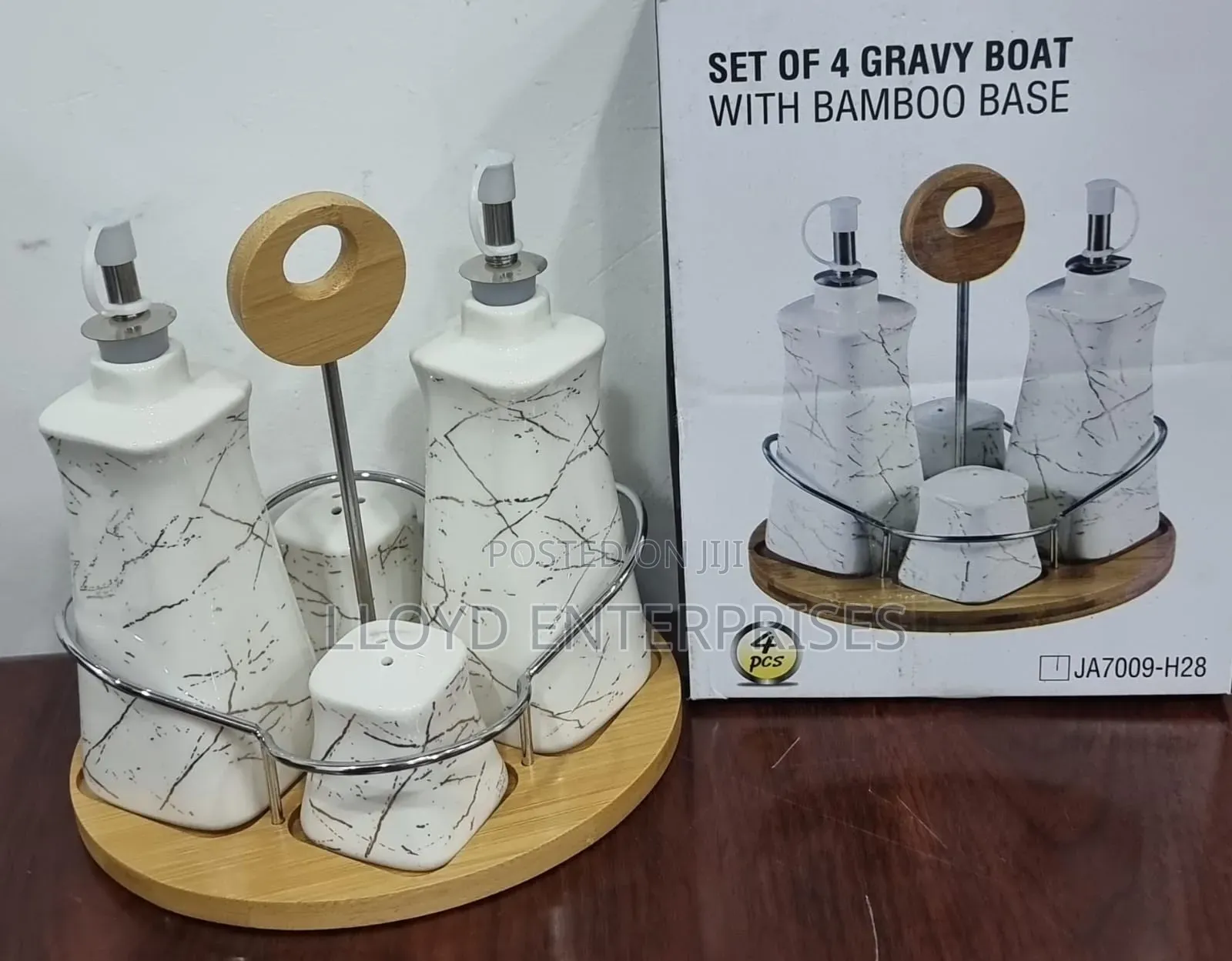 Ceramic Gravy Boat Season Oil Dispenser and Shakers on Bamboo Base