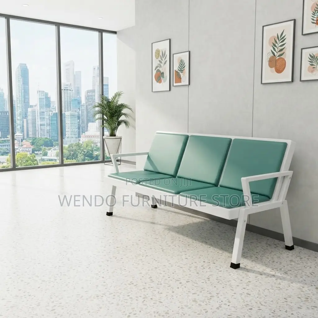Office Bench; Blue Metallic Framed Leather Reception Bench