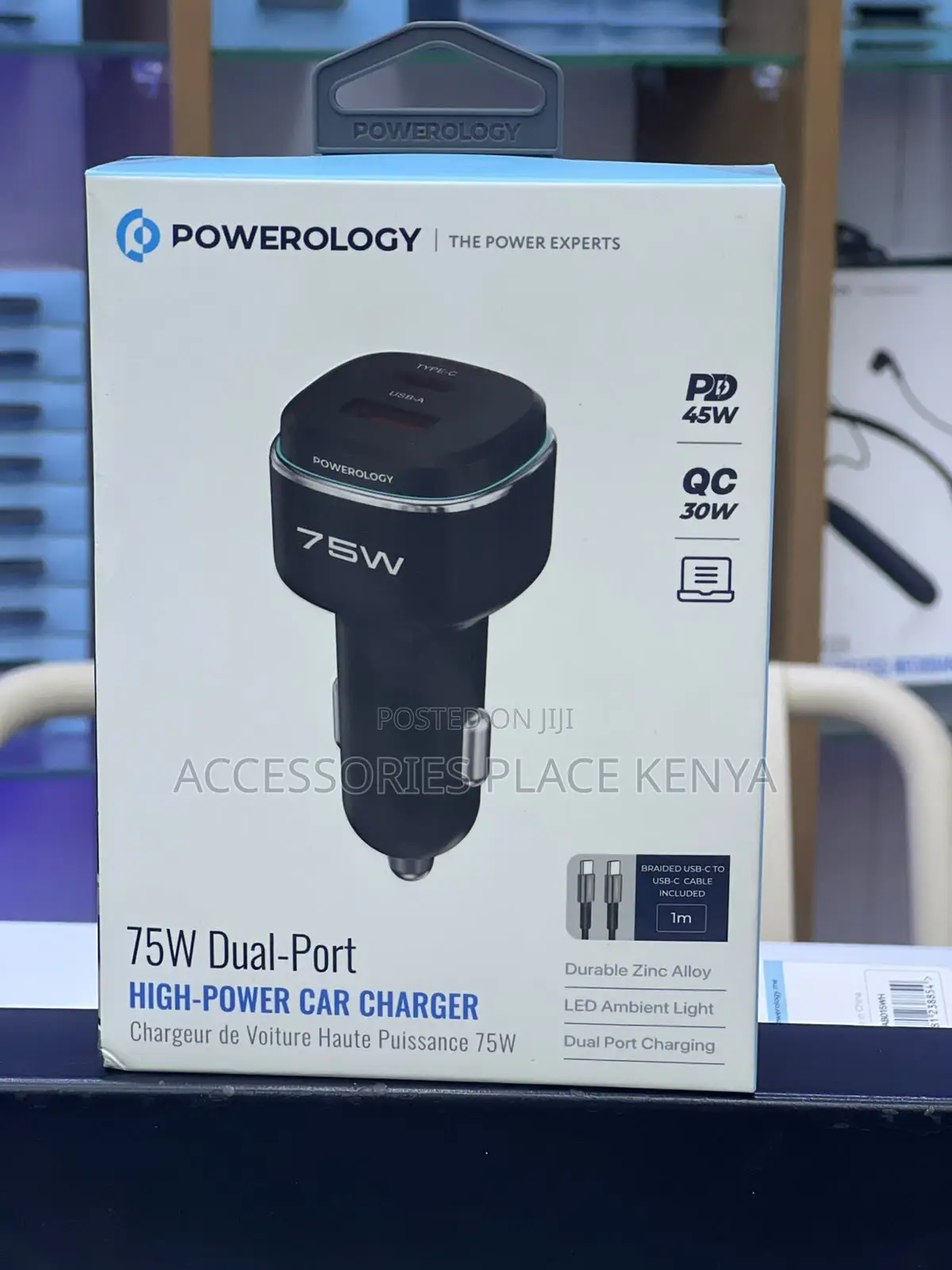 Powerology 75W USB A+C Port Car Charger With C to C Cable - Black/Grey
