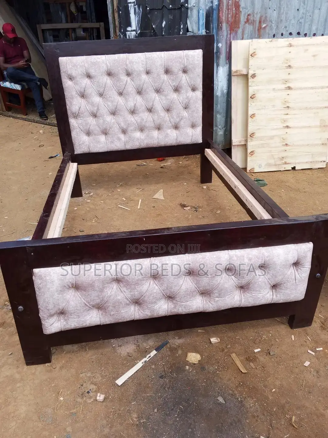 4x6 Beige Tufted Mocket Bed in Dark Wood Frame