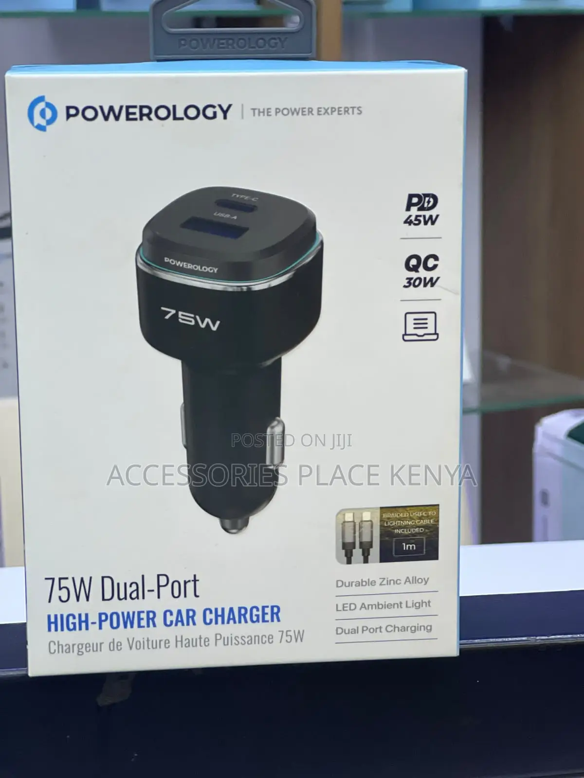 Powerology 75W USB A+C Port Car Charger With C to L MFi Cable - Black