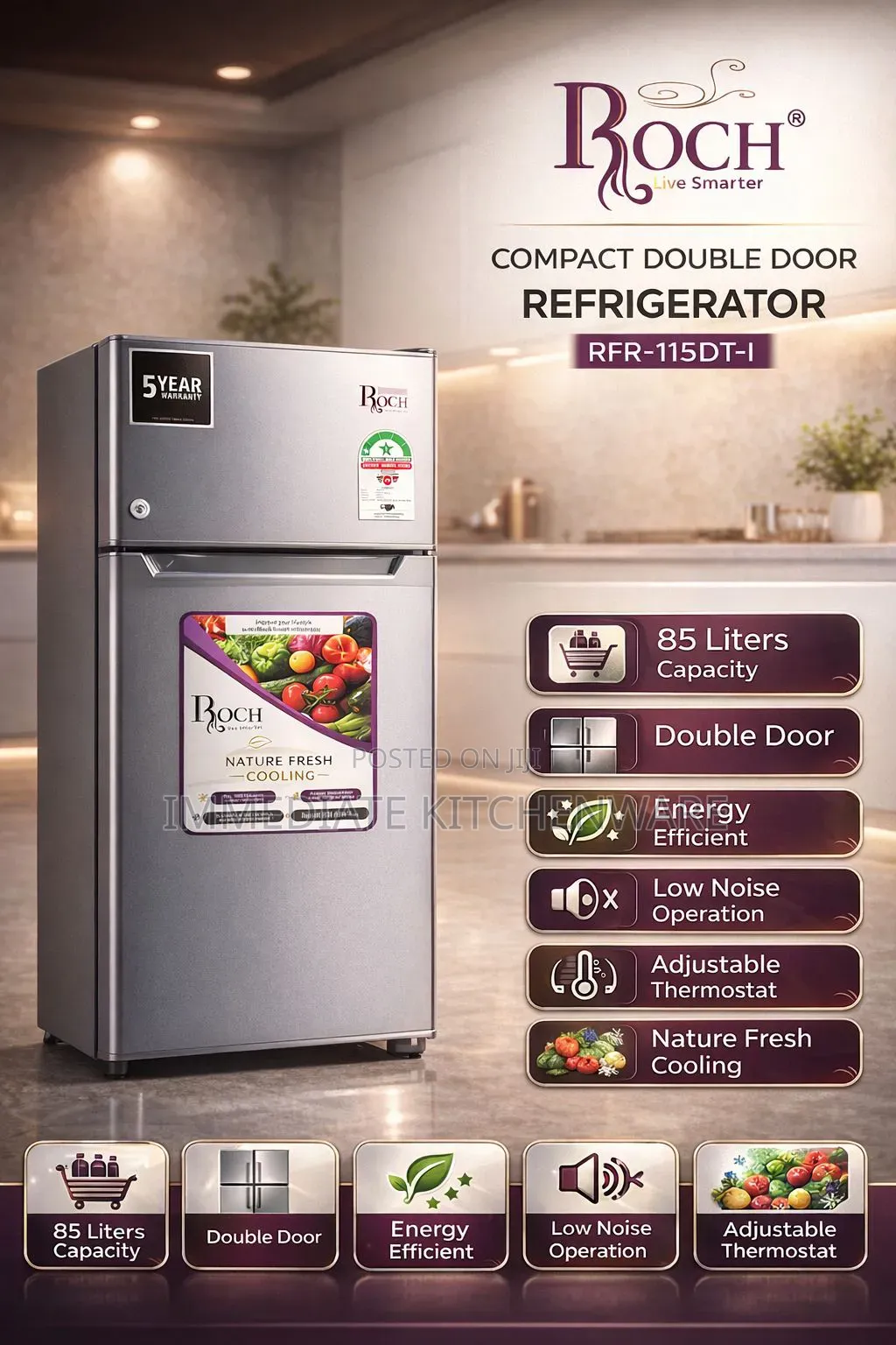 90 Litres Roch Double Door Refrigerator