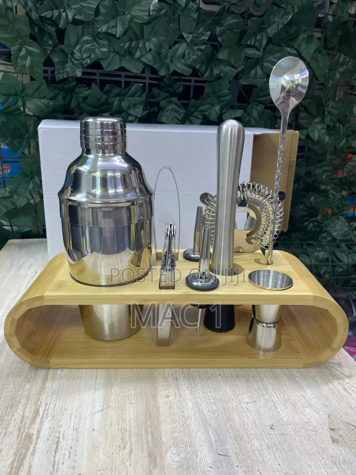 Stainless Steel Cocktail Shaker Set With Bamboo Stand
