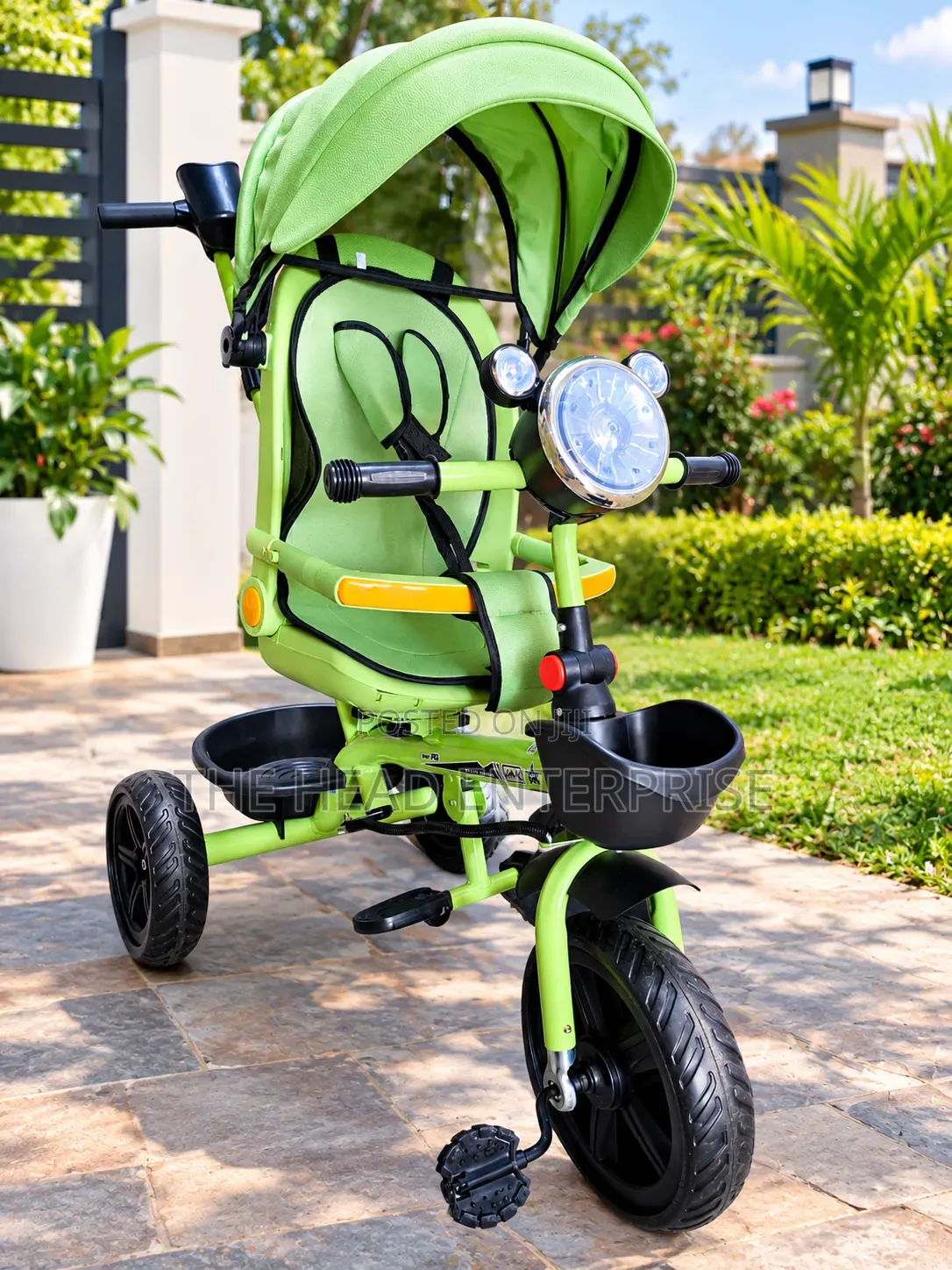 Green Kids Tricycle With Handle and Canopy