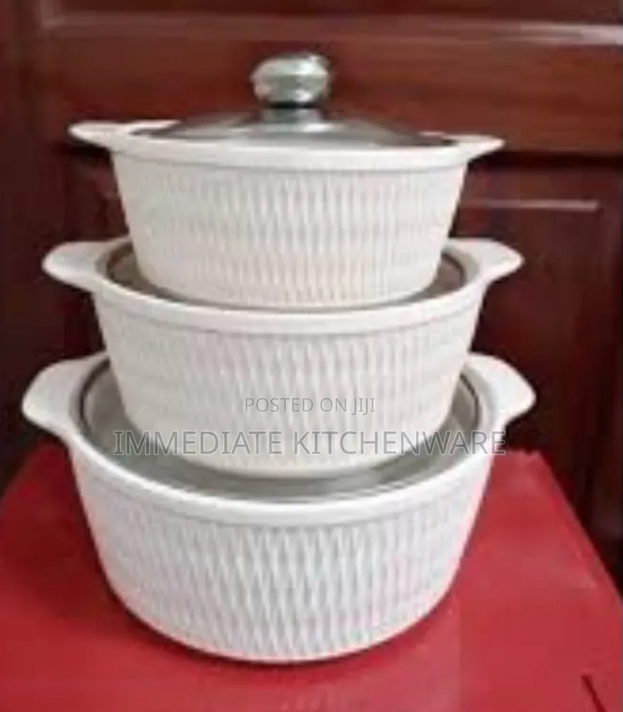 Set of 3 White Ceramic Soup Pots