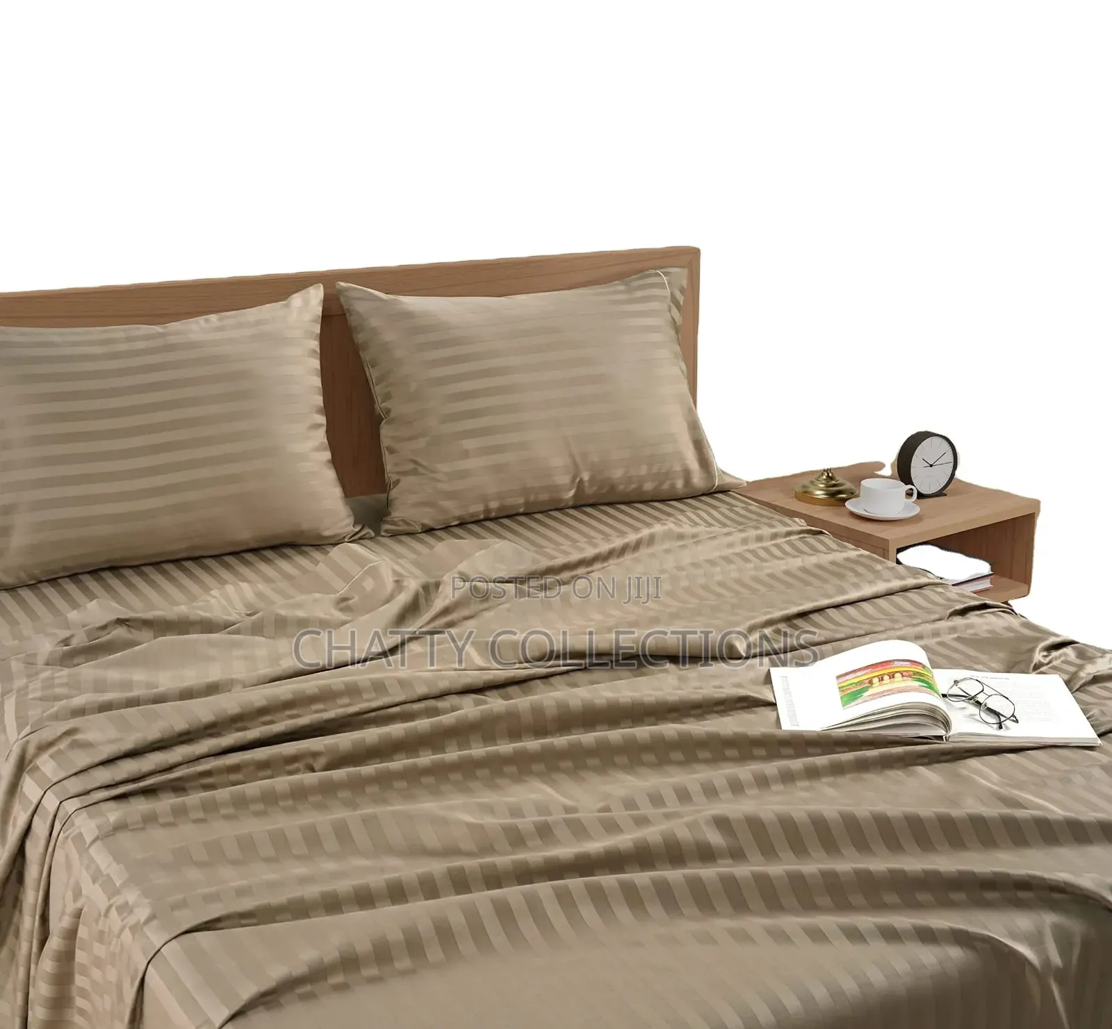 6 by 6 Stripped Beige Cotton Bedsheets With Pillow Cases