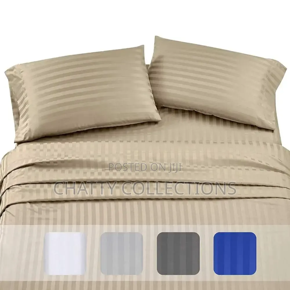 6 by 6 Stripped Beige Cotton Bedsheets With Pillow Cases