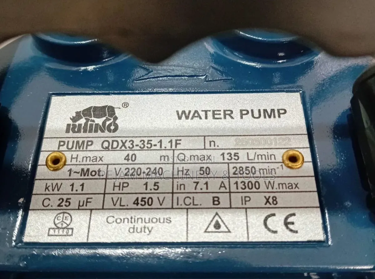 Rhino QDX3 1.5 HP Shallow Well Submersible Waterpump 40m 135l/Min