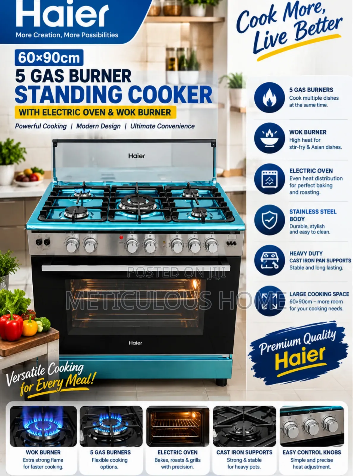Haier Standing Gas Cooker With Electric Oven - Wok/ 5 Burner