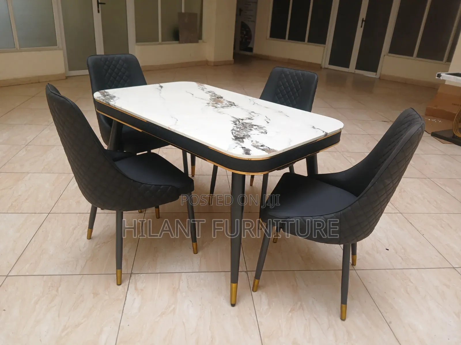 Modern 4-Seater Marble Top Dining Set With Gold Accents