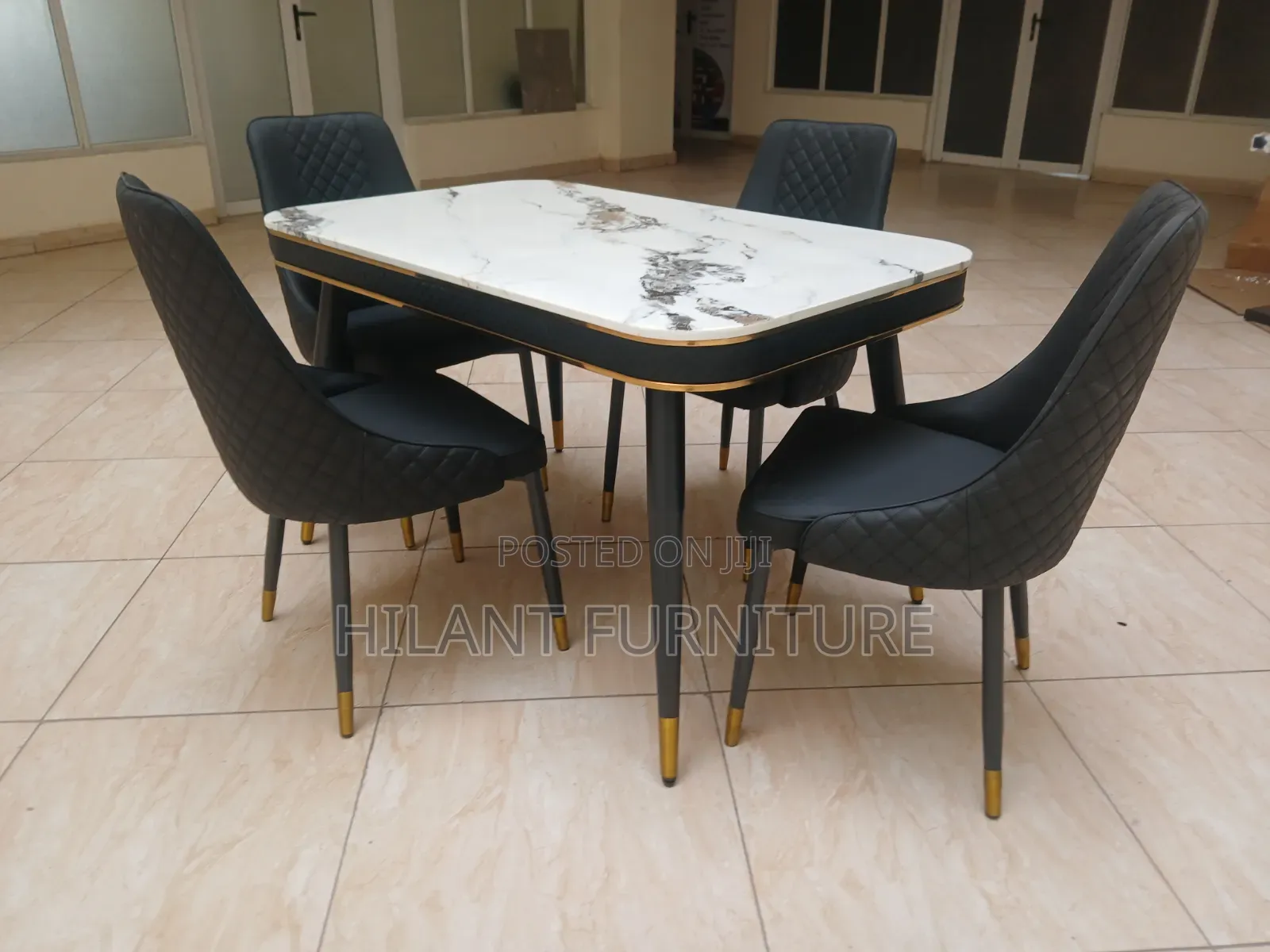 Modern 4-Seater Marble Top Dining Set With Gold Accents