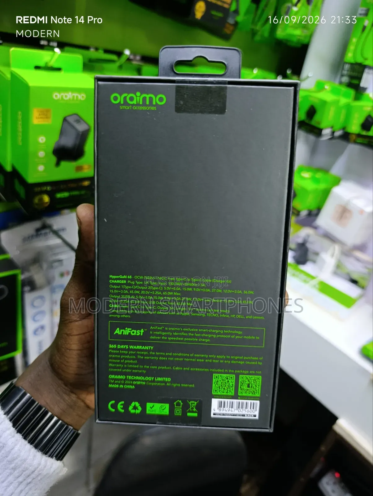 Oraimo HyperGaN 65 65W GaN Wall Charger Kit Laptop and Phone Charger.