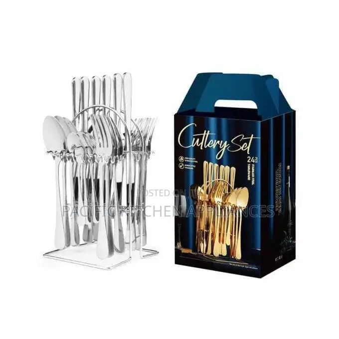 Cutlery Set 24 PCS Stainless Steel Cutlery Spoons Set +Stand - Silver.