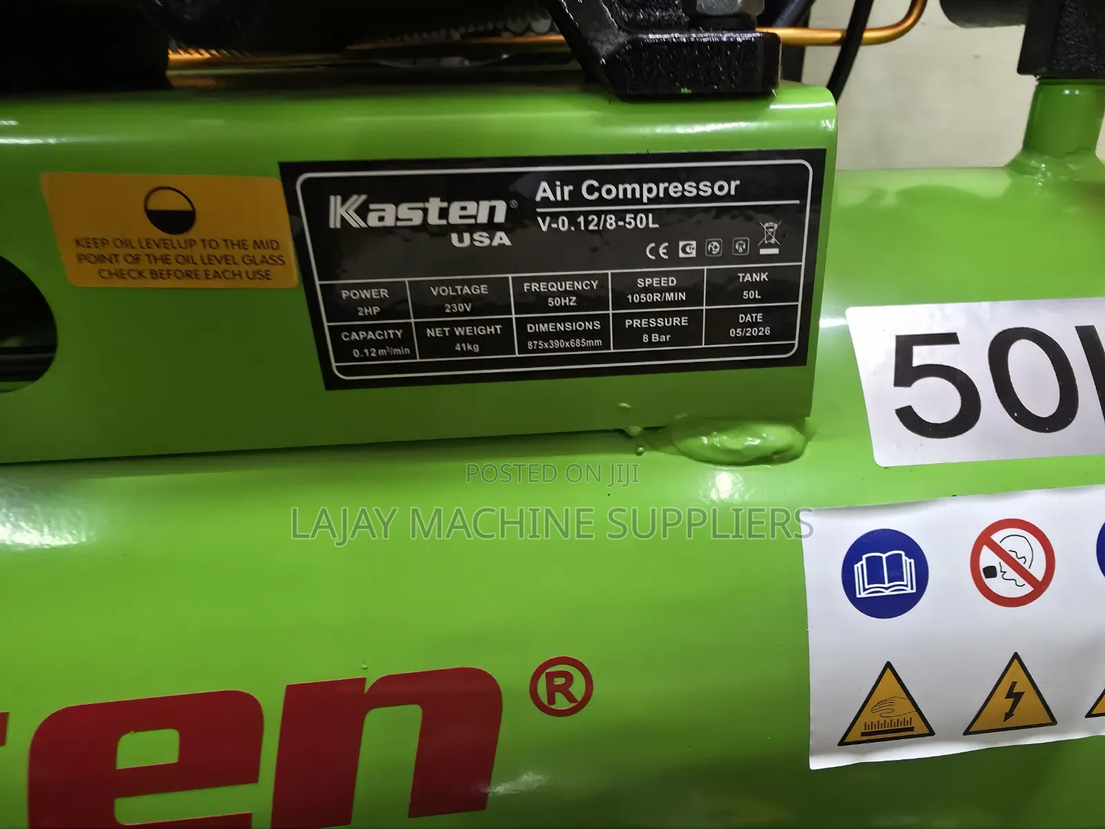 Kasten USA 50-Liter, 2HP Belt-Driven Electric Air Compressor.