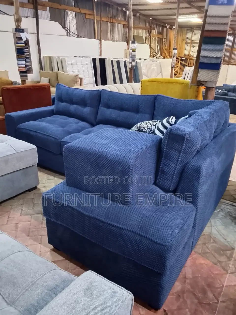 6-Seater L-Seat Sofa – Blue Bubble Fabric With Matching Footrest