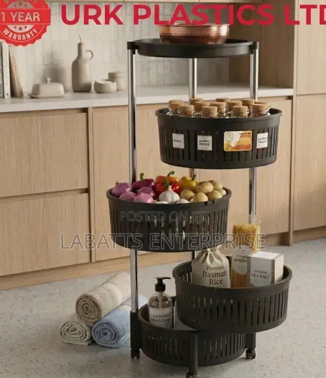 1. Urk 4-Tier Rotatable Fruit Rack With Wheels – Black