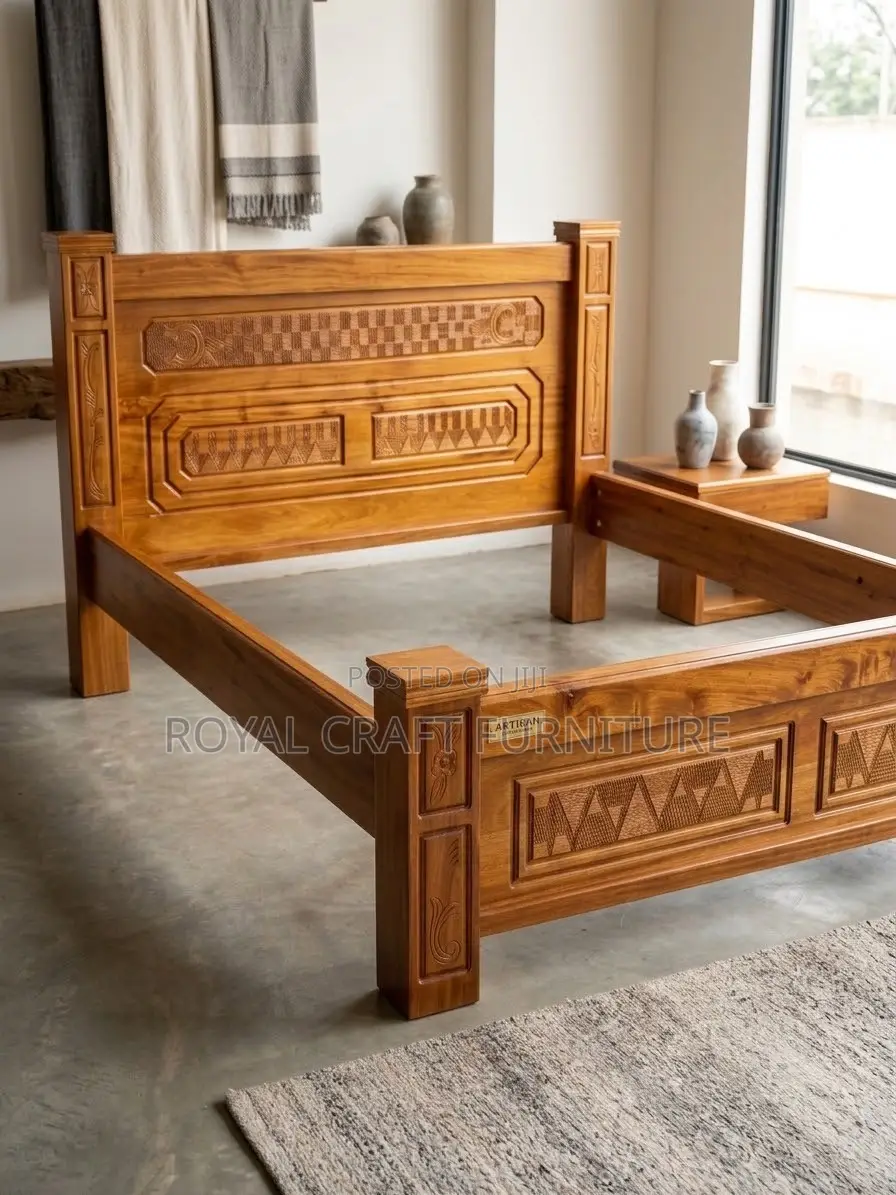 Heavy-Duty 6x6 Mahogany Wood Bed Frame With Intricate Hand-Carved