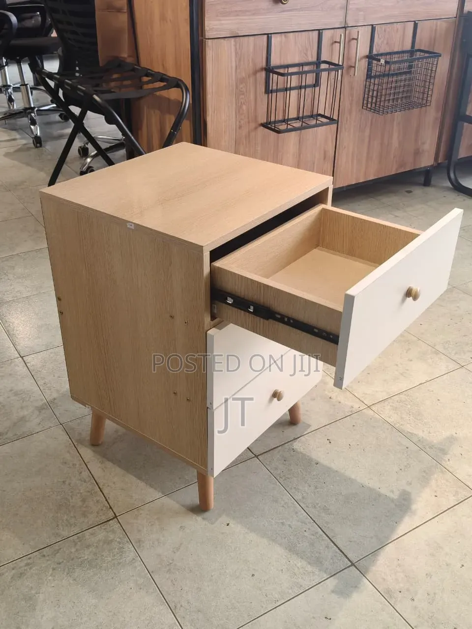 3-Drawer Wooden Bedside Table With Wooden Legs