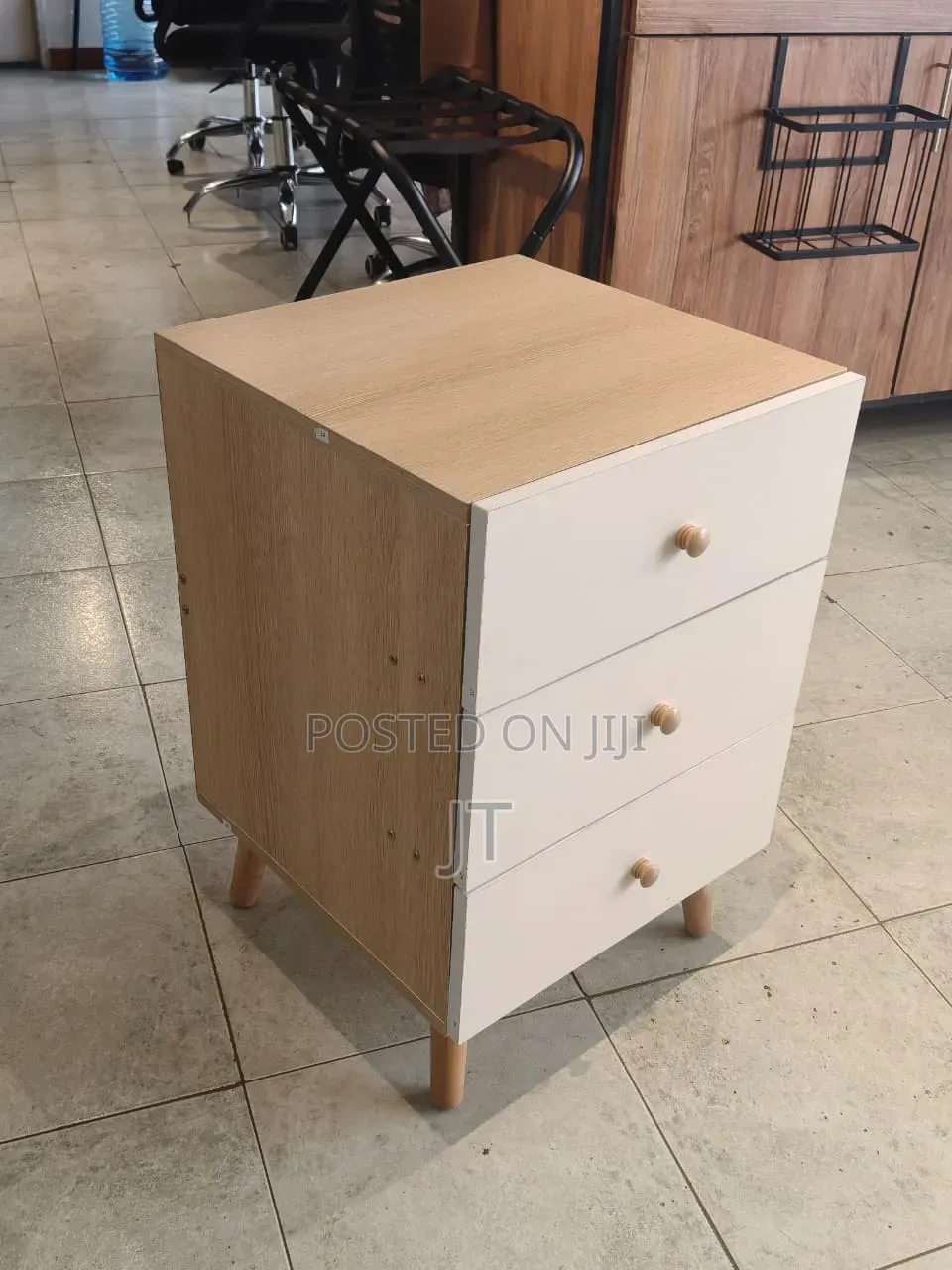 3-Drawer Wooden Bedside Table With Wooden Legs