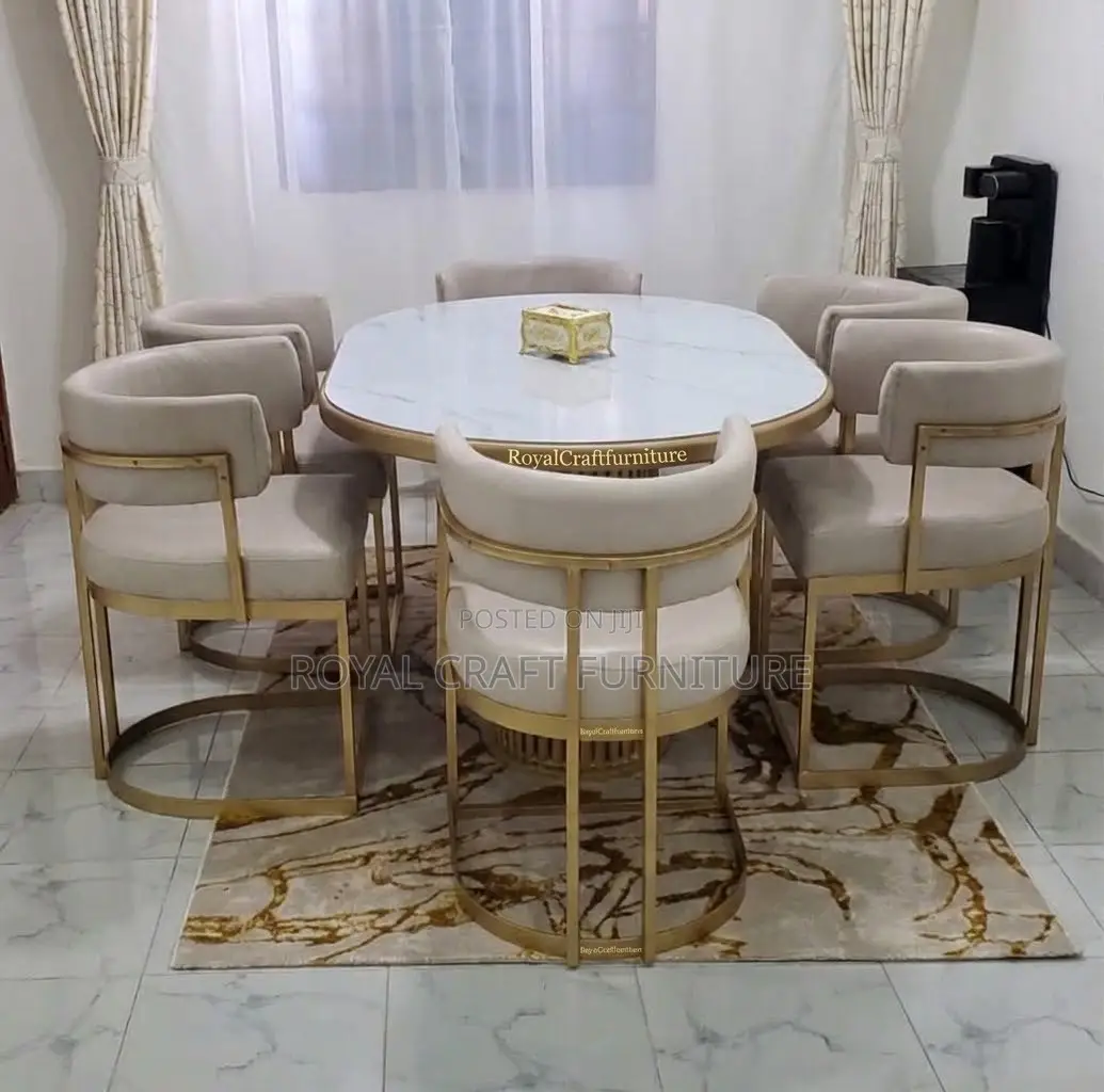 Ultra-Modern Luxury: 6-Seater Marble Top Dining Set,Gold Accent Chairs