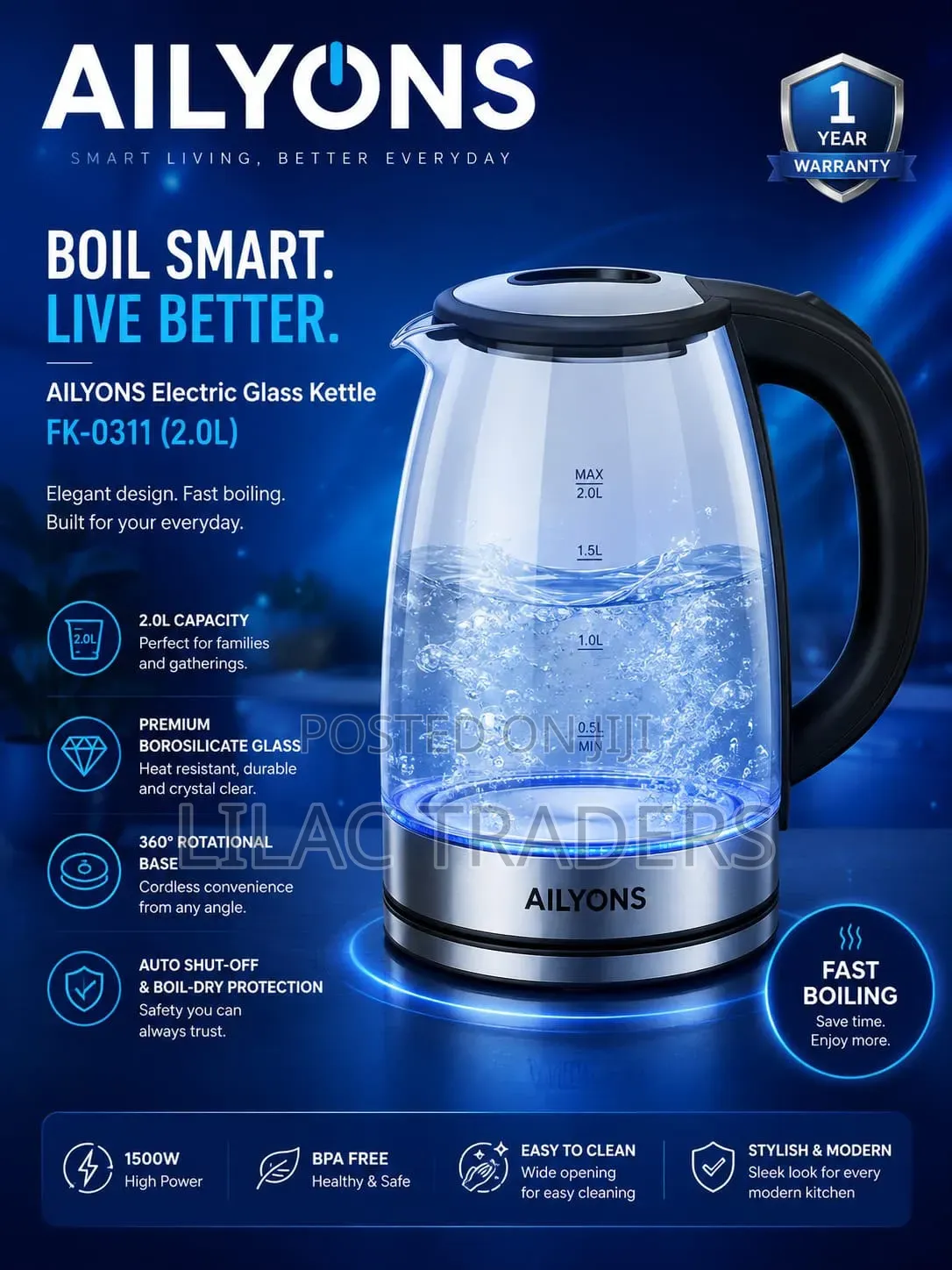 *Ailyons 2ltrs Glass Kettle* Je