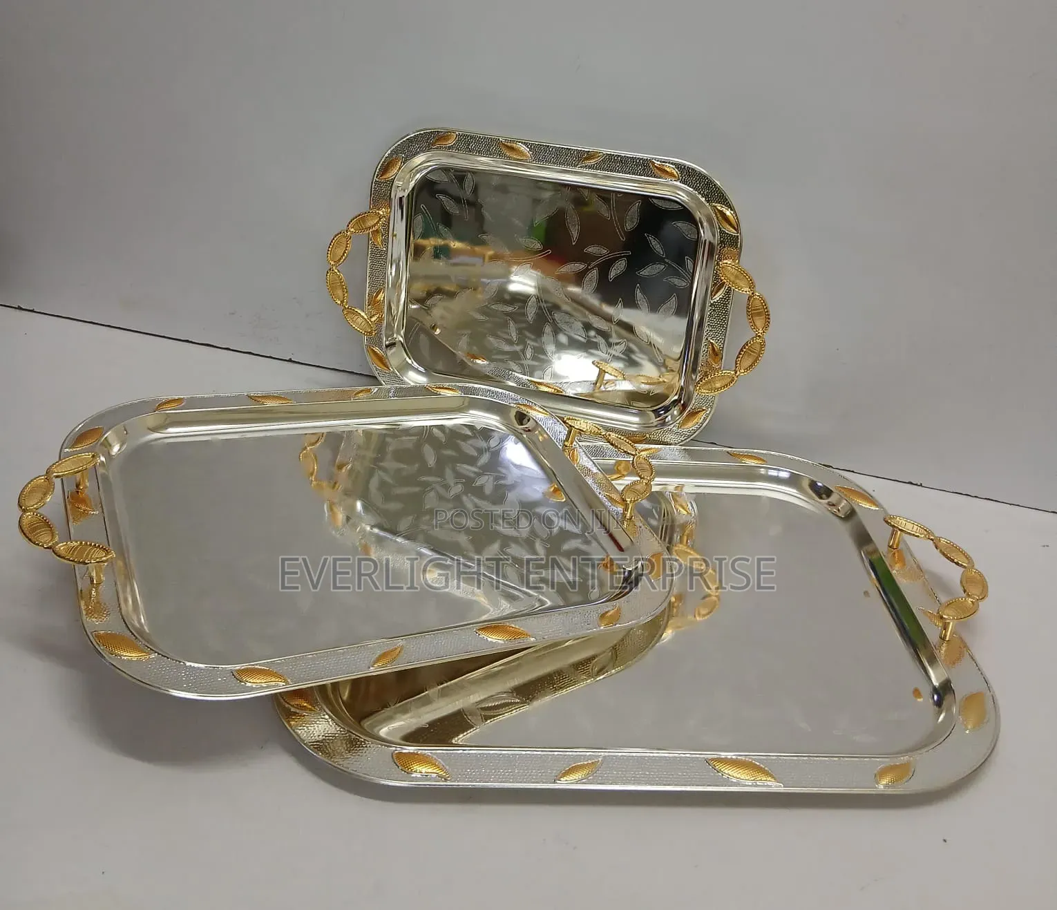 *3 in 1 Stainless Steel Serving Trays With a Gold