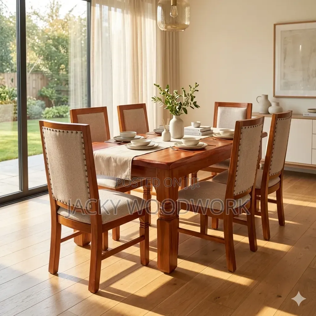 6-Seater Hardwood Dining Table With Studded High-Back Cushioned Chairs