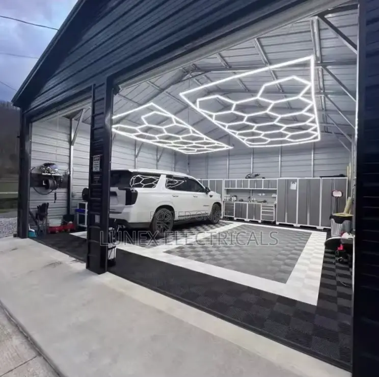 High Grid Ceiling Hexagon Lights Auto Repair Workshop Car Detailing