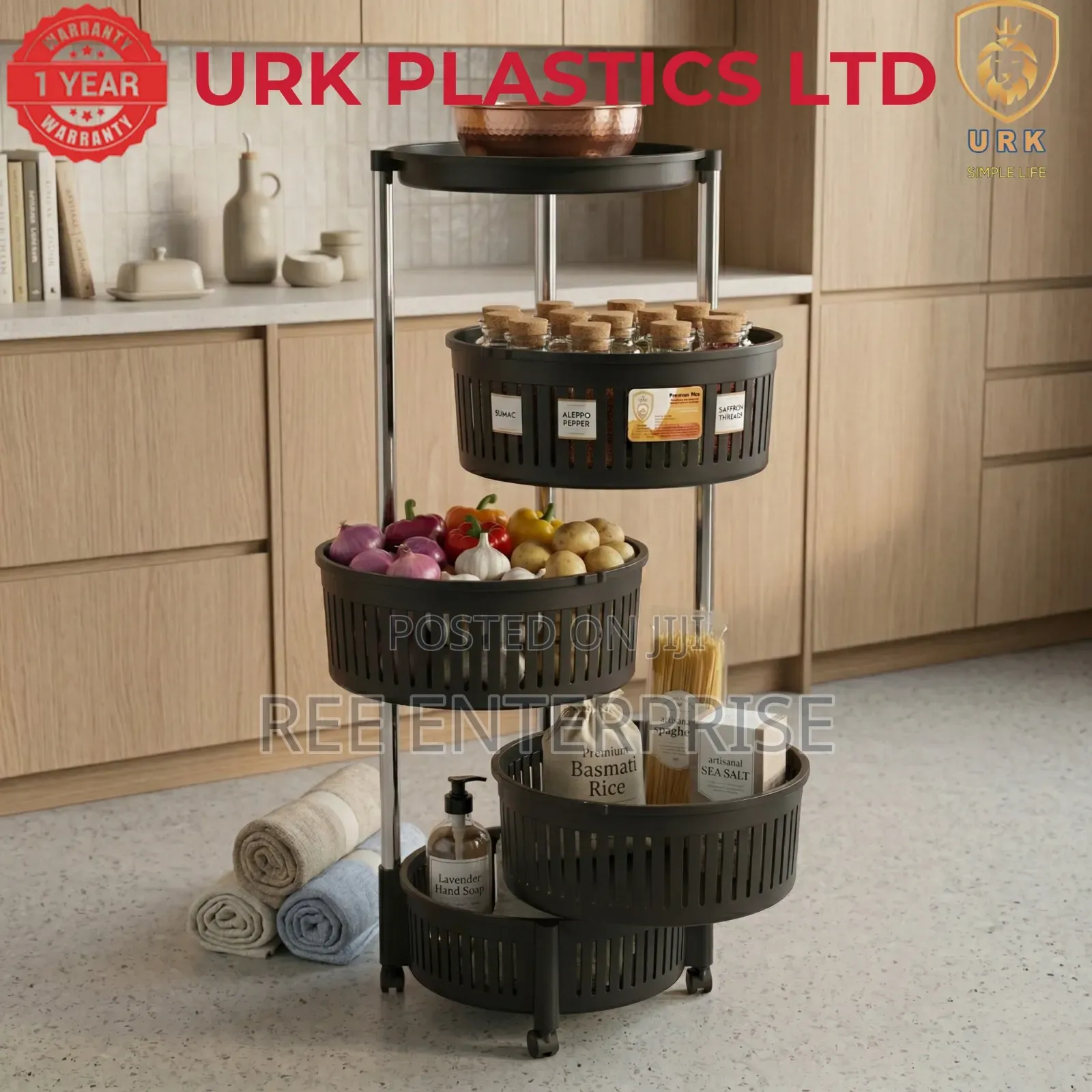 Urk Rotatable 4-Tier Fruit Rack With Wheels