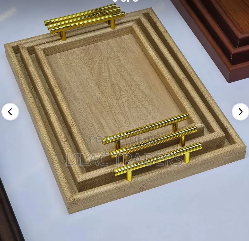 3-Piece Wooden Serving Tray Set With Polished Gold Metal Handles Esj
