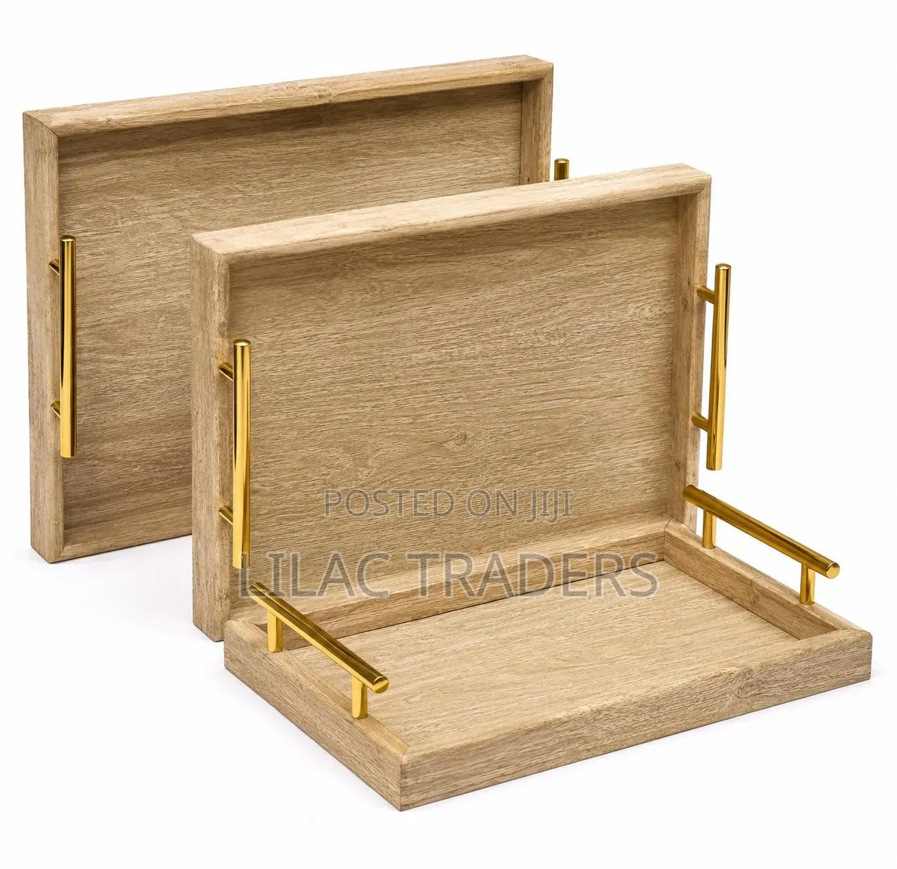 *3-Piece Wooden Serving Tray Set With Polished Gold-Tone Handles*esj