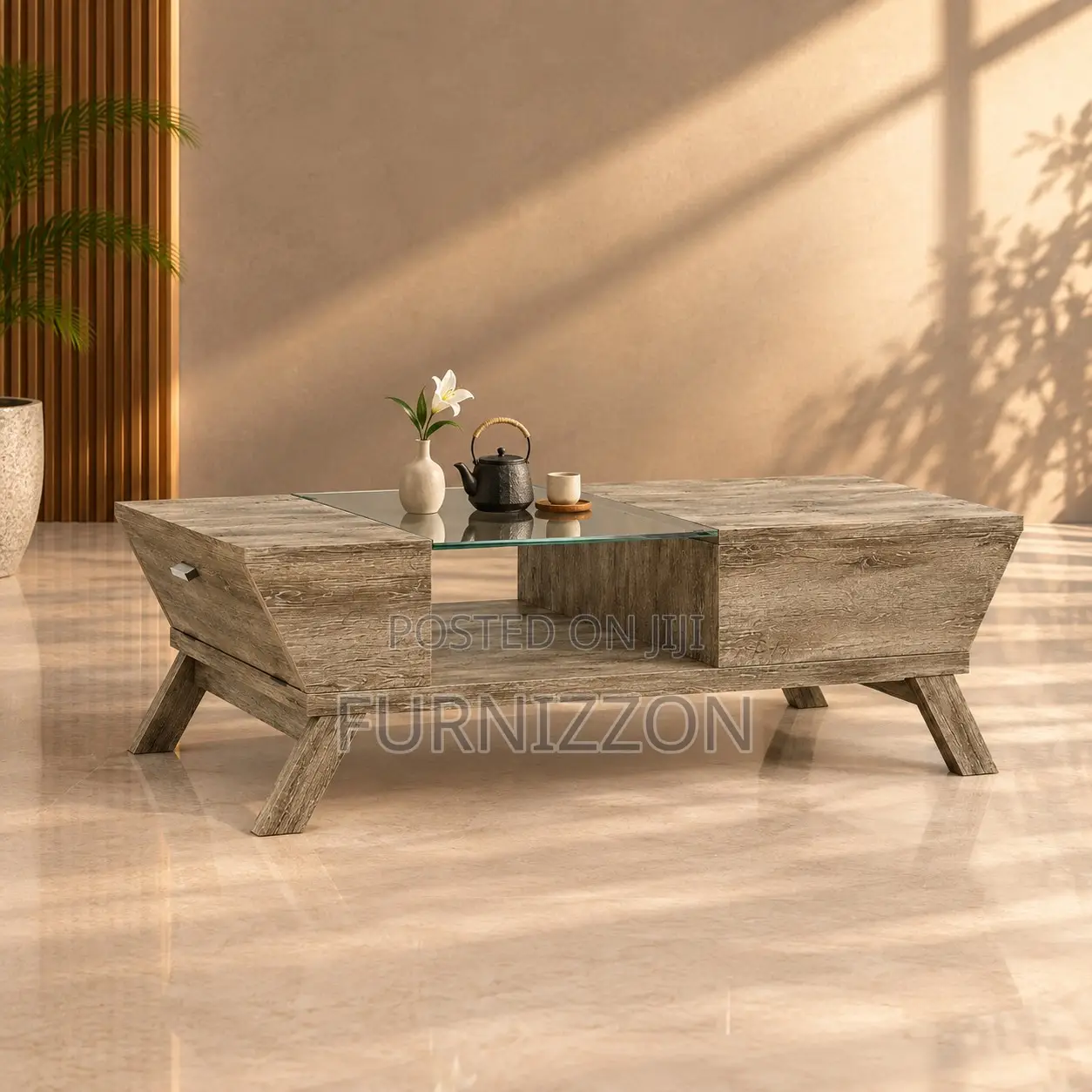 Rustic Oak Coffee Table With Glass Center