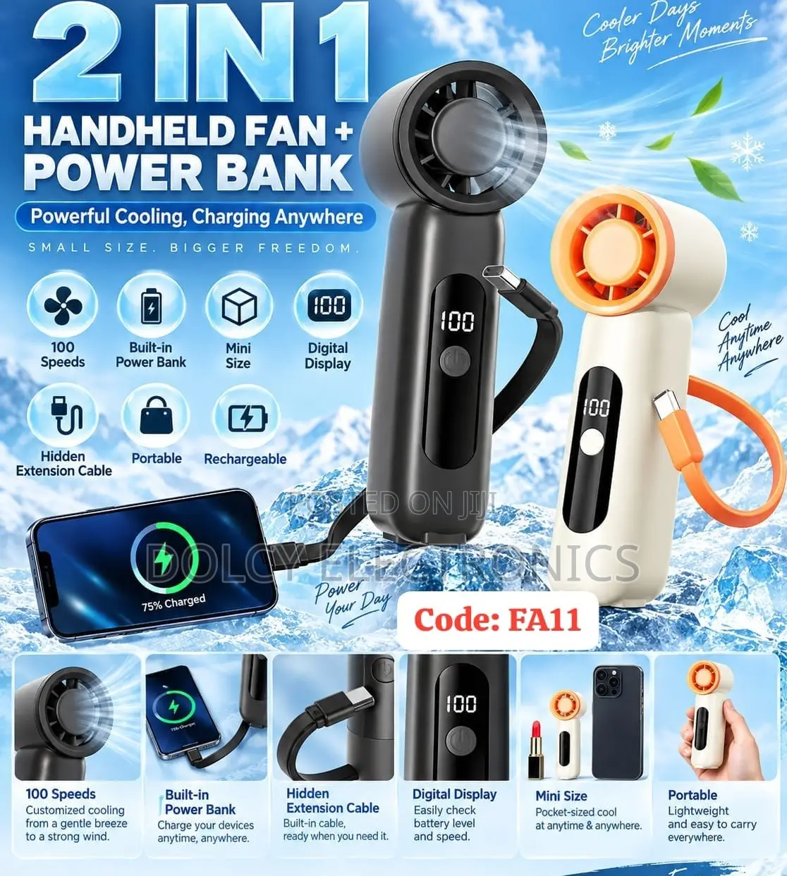 2-in-1handnbMini Uilheld Fan+it Powerbank With Hidden typeCcable FA11