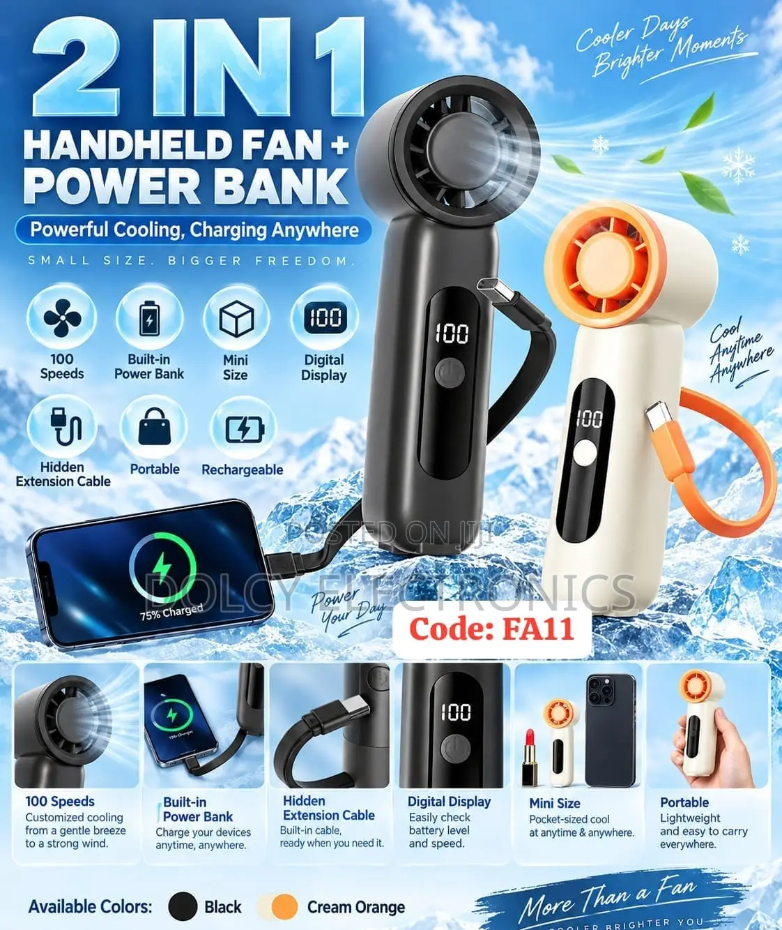 2-in-1handnbMini Uilheld Fan+it Powerbank With Hidden typeCcable FA11