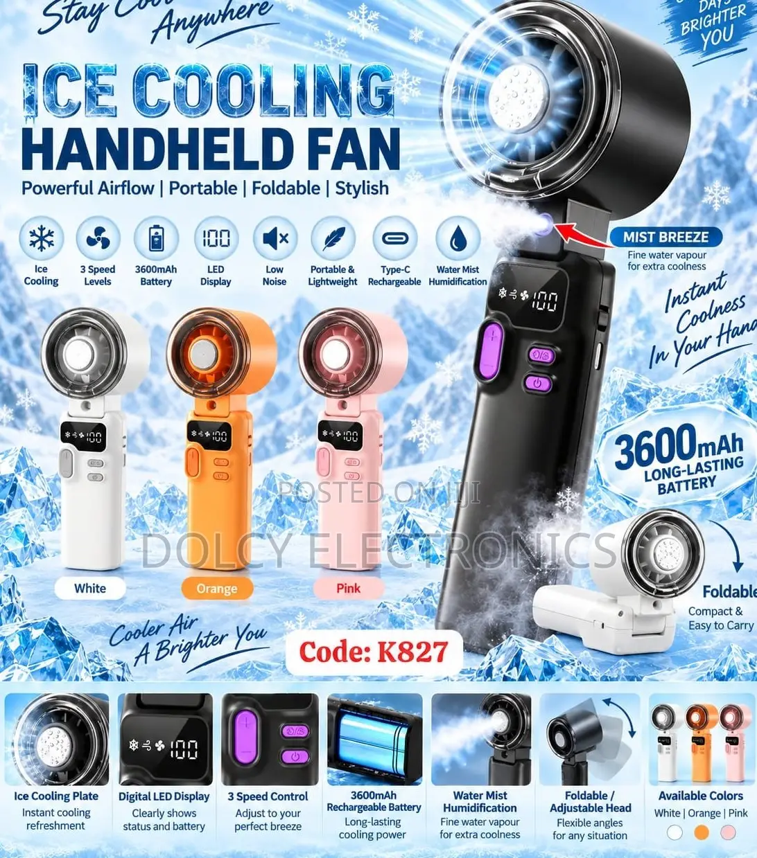 Ice Cooling Handheld Fan With Mist Breeze 