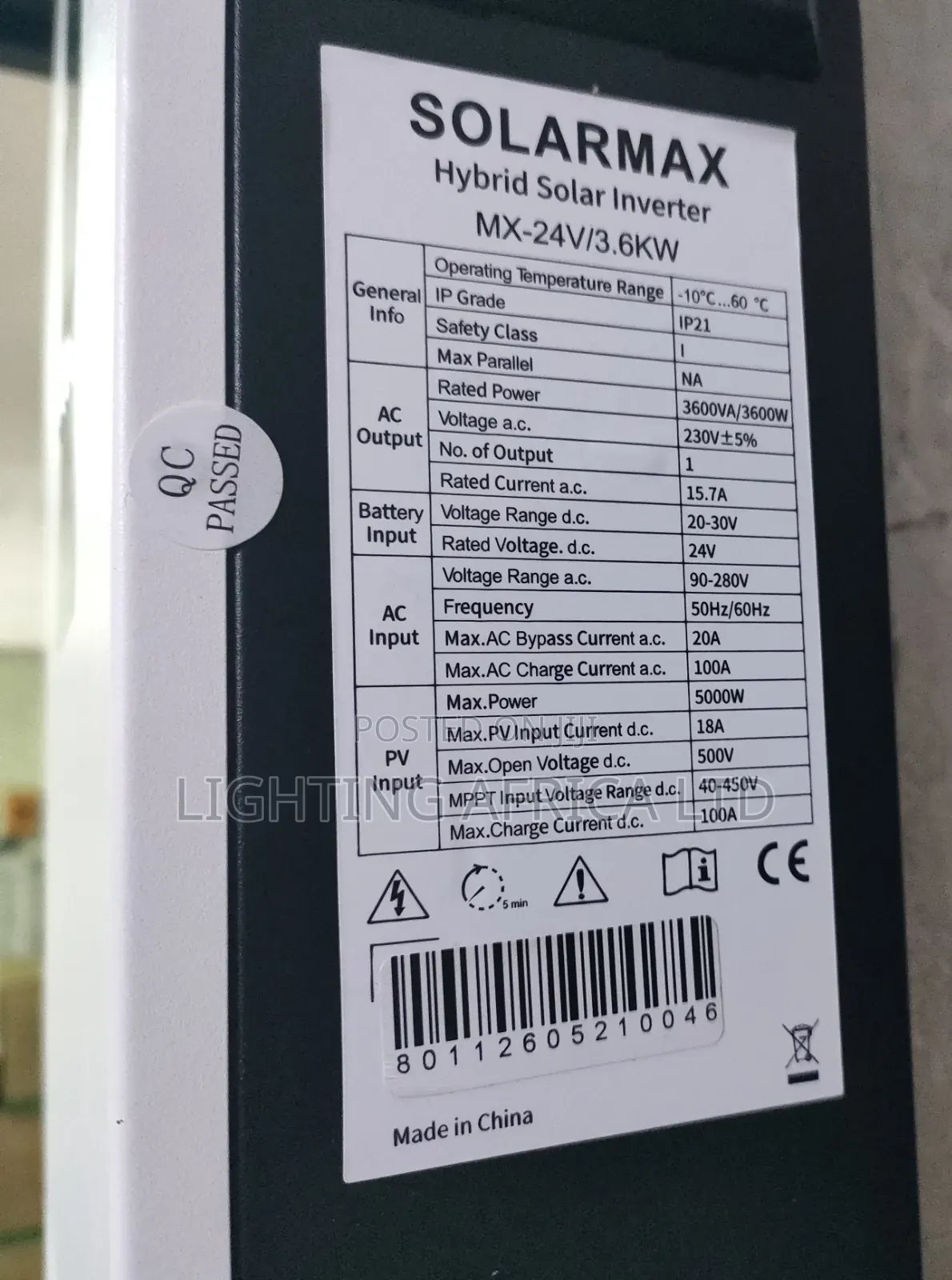 3.6kva Solarmax - 24v Hybrid Inverter 100A Inbuilt MPPT Controller